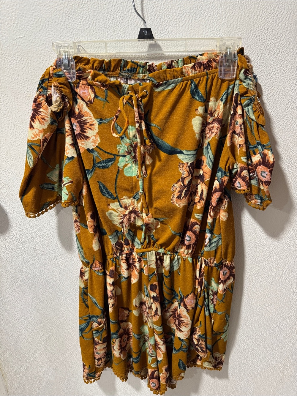 Mustard Floral Off Shoulder Romper Tie Waist Boho
